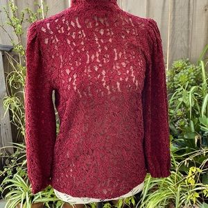 Free People Semi-Sheer Cabernet Red Lace Balloon Sleeve Top
